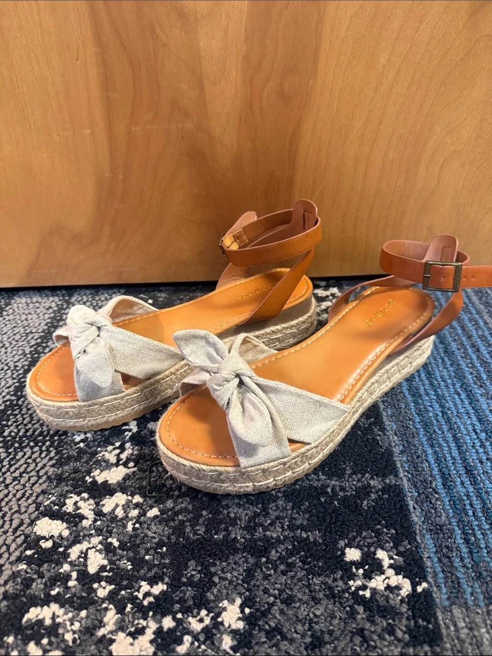 BAMBOO Tan Ankle-Strap Espadrille Sandals with Beige Bow